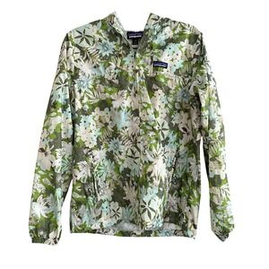 Patagonia Women's Medium Green Floral Full Zip Hooded Windbreaker Jacket Coat